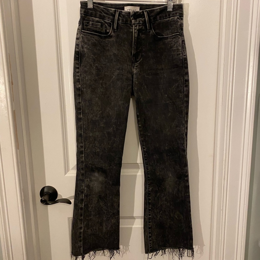 Frame Le Crop Mini Boot Black Washed Frayed-Hem Jeans